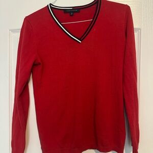 Tommy Hilfiger Red V-Neck Sweater with Black Trim